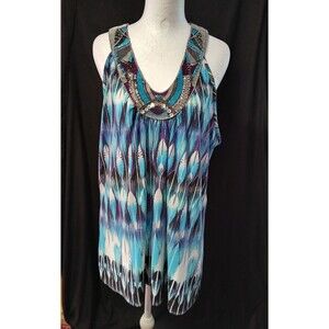 Cato Sleeveless Top Embellished neck beaded sequin Feather Print XL